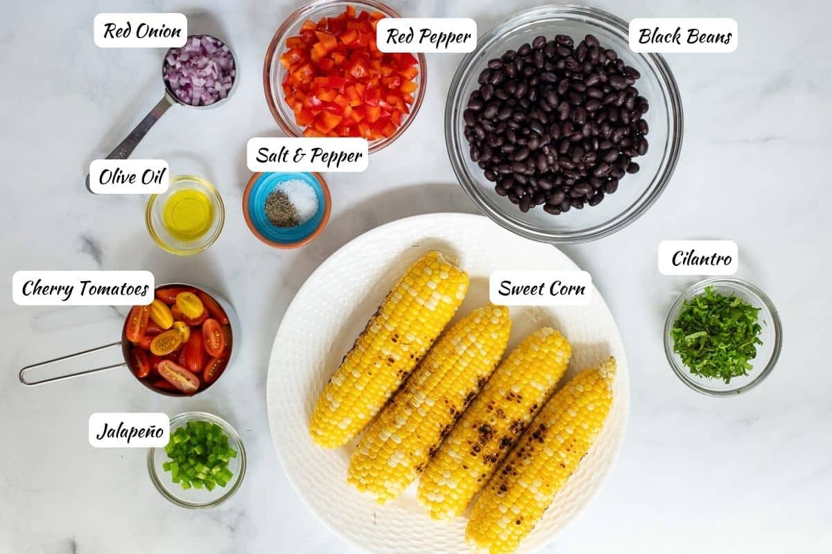 Charred corn salad ingredients with labels.