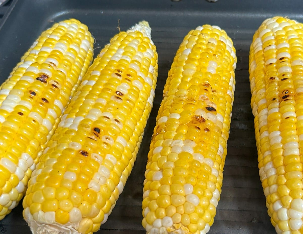Corn on the cob on a grill pan.