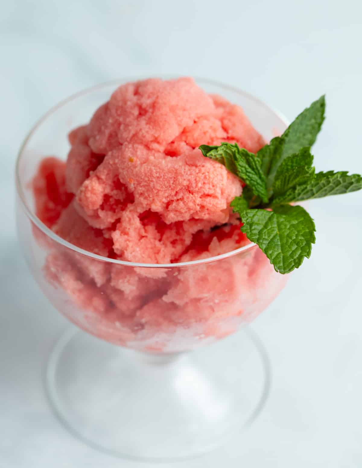 Watermelon ice cream in an ice cream glass served with a sprig of mint.