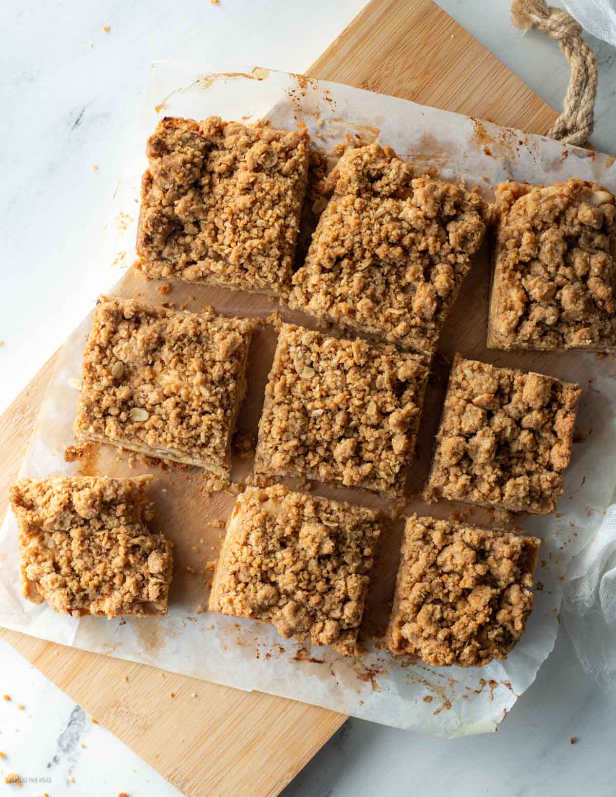 Apple pie bars cut into squares.